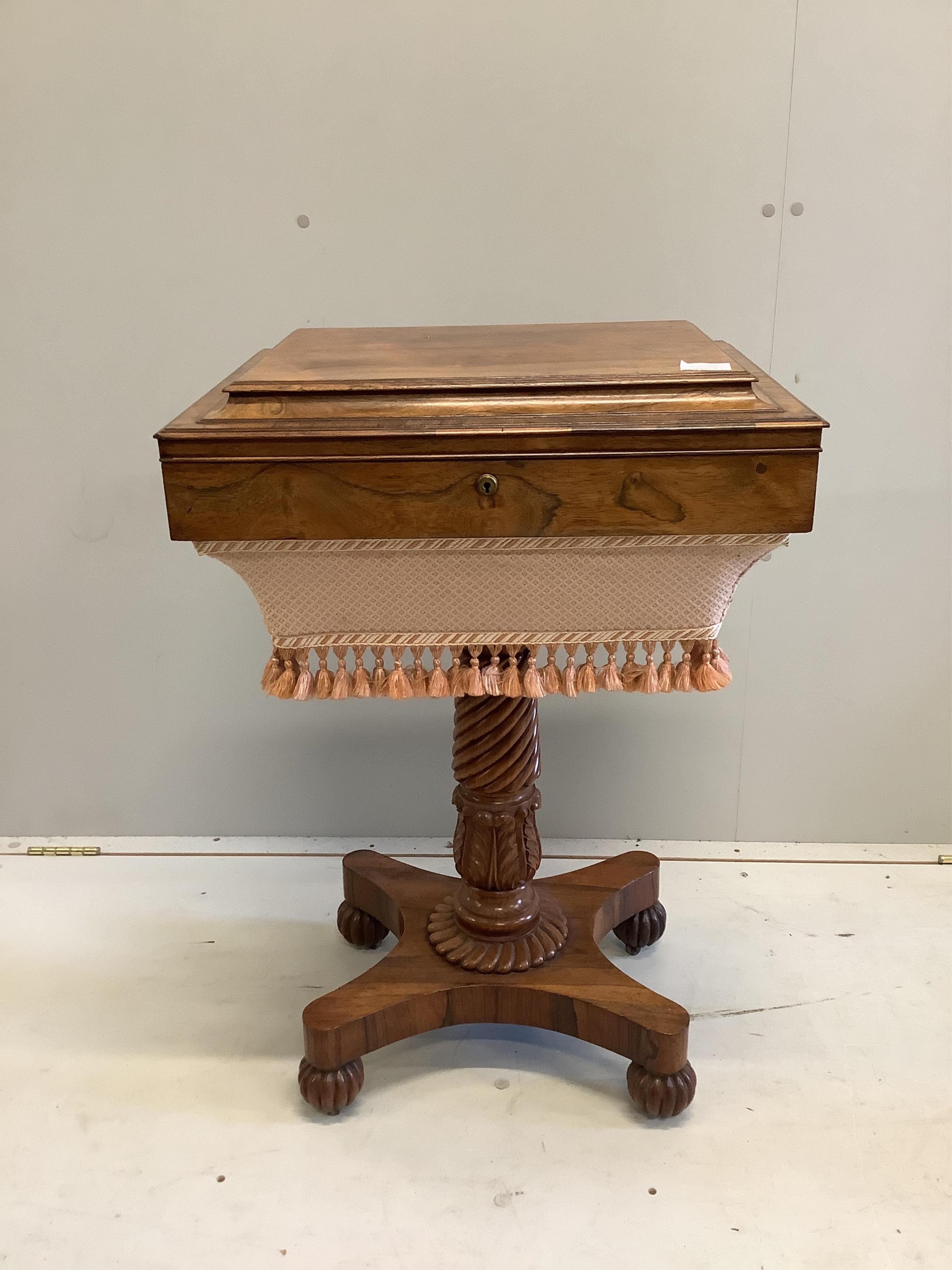 A William IV rosewood work table, width 53cm, depth 43cm, height 80cm. Condition - good